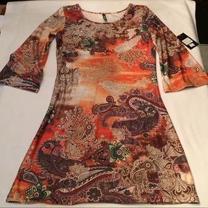 Womens Long Sleeve Paisley Dress With Flared Sleeves White Mark